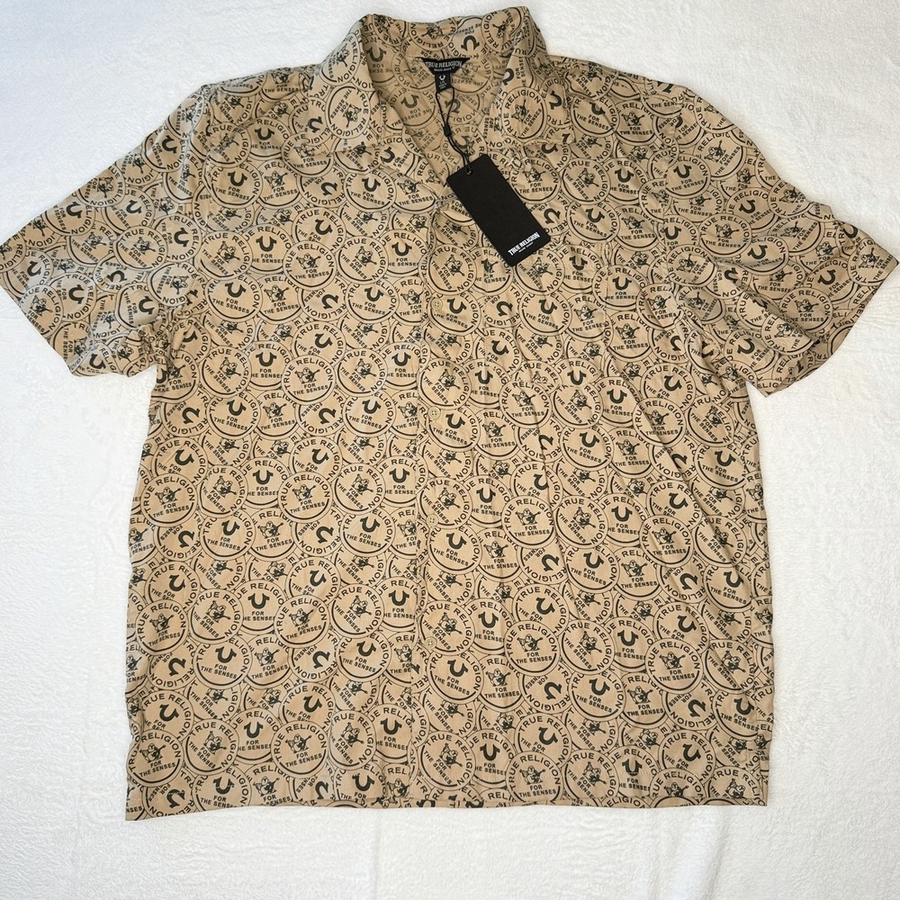 True Religion Logo Print Resort Shirt AOP All Over Y2K Streetwear Tan NWT Large